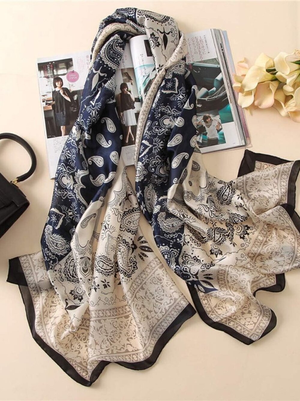 Women's Black Lightweight Silk Like Scarves Flowers Print Head Cotton Wrap Scarf - Picture 2 of 6